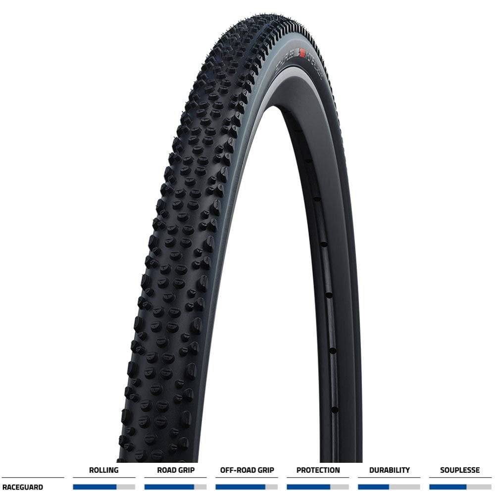 Schwalbe X-One Allround Raceguard tubeless cyclocross tire with tread pattern, suitable for off-road cycling and racing.