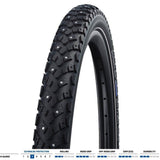 Schwalbe Winter K-Guard bicycle tyre with spikes and double defence puncture protection, showing tread pattern and spikes.