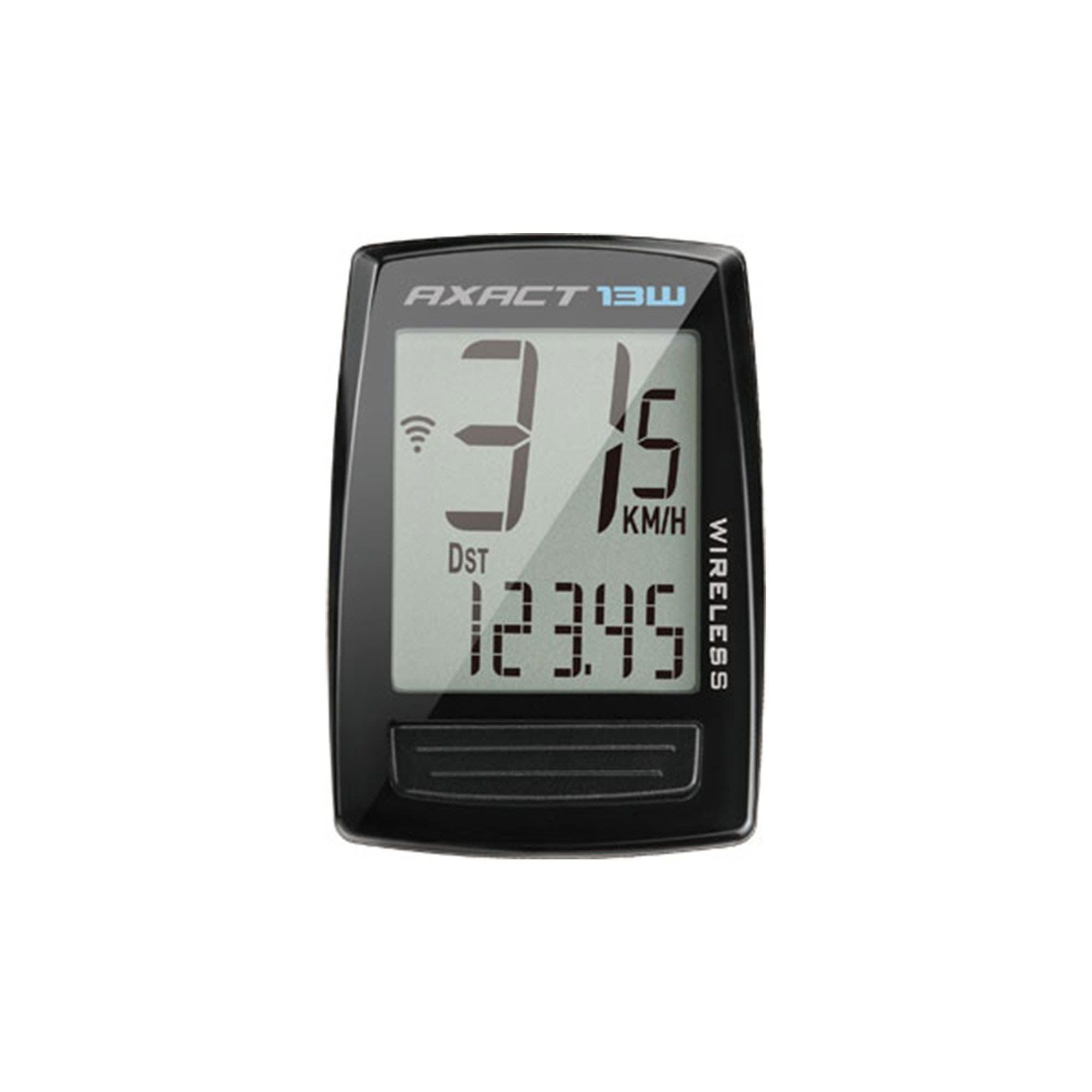 Giant Axact 13W Wireless Cycle Computer showing display with cycling data, mounted on a bicycle handlebar.