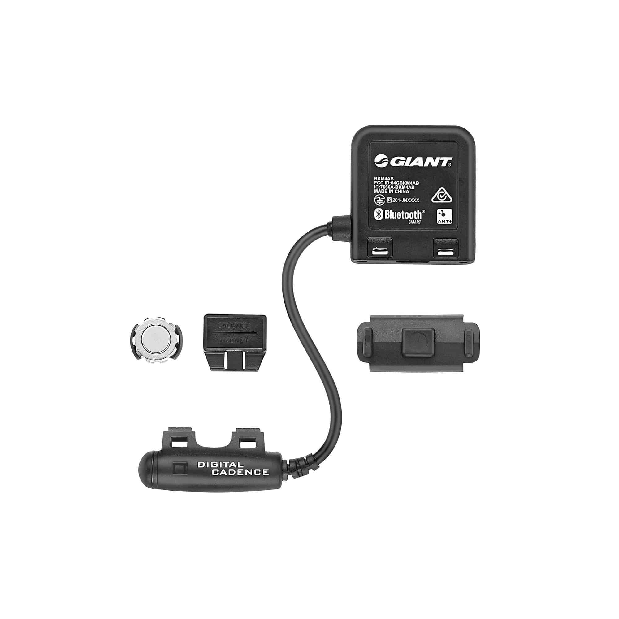 Giant 2-in-1 speed and cadence sensor for bikes, mounted on chainstay, compatible with ANT+ and BLE wireless protocols.