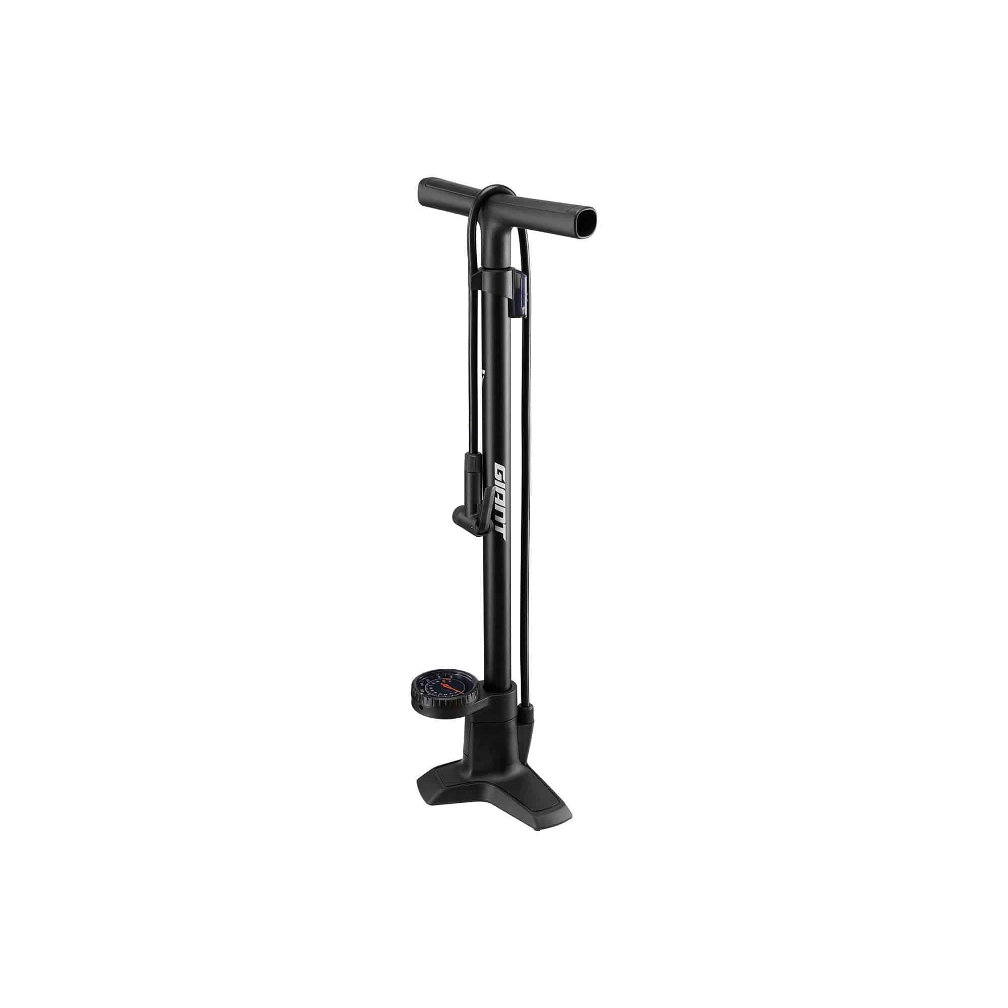 Giant Control Tower Comp Floor Pump with oversized gauge for precise tire inflation, sturdy metal construction, and comfortable handle.