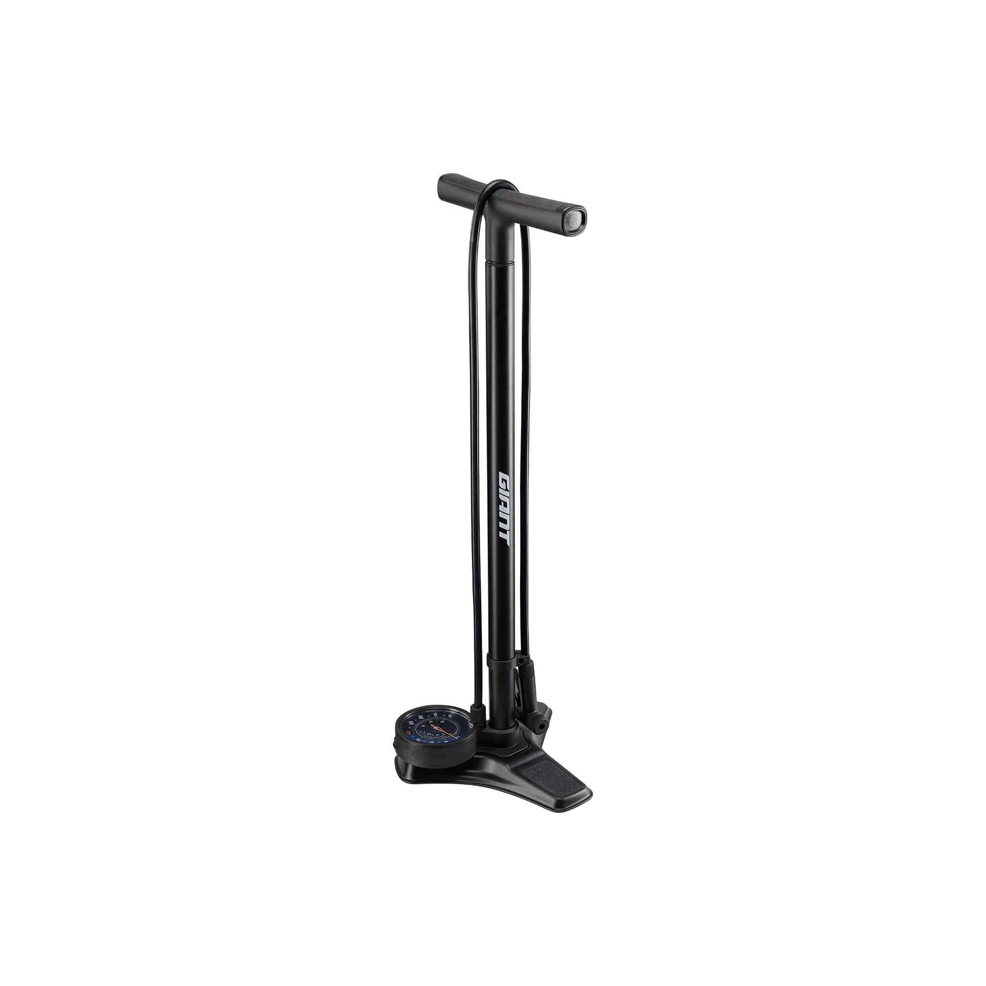 Giant Control Tower Elite base mount floor pump with oversized gauge and tubeless accessories, used for bike tire inflation.