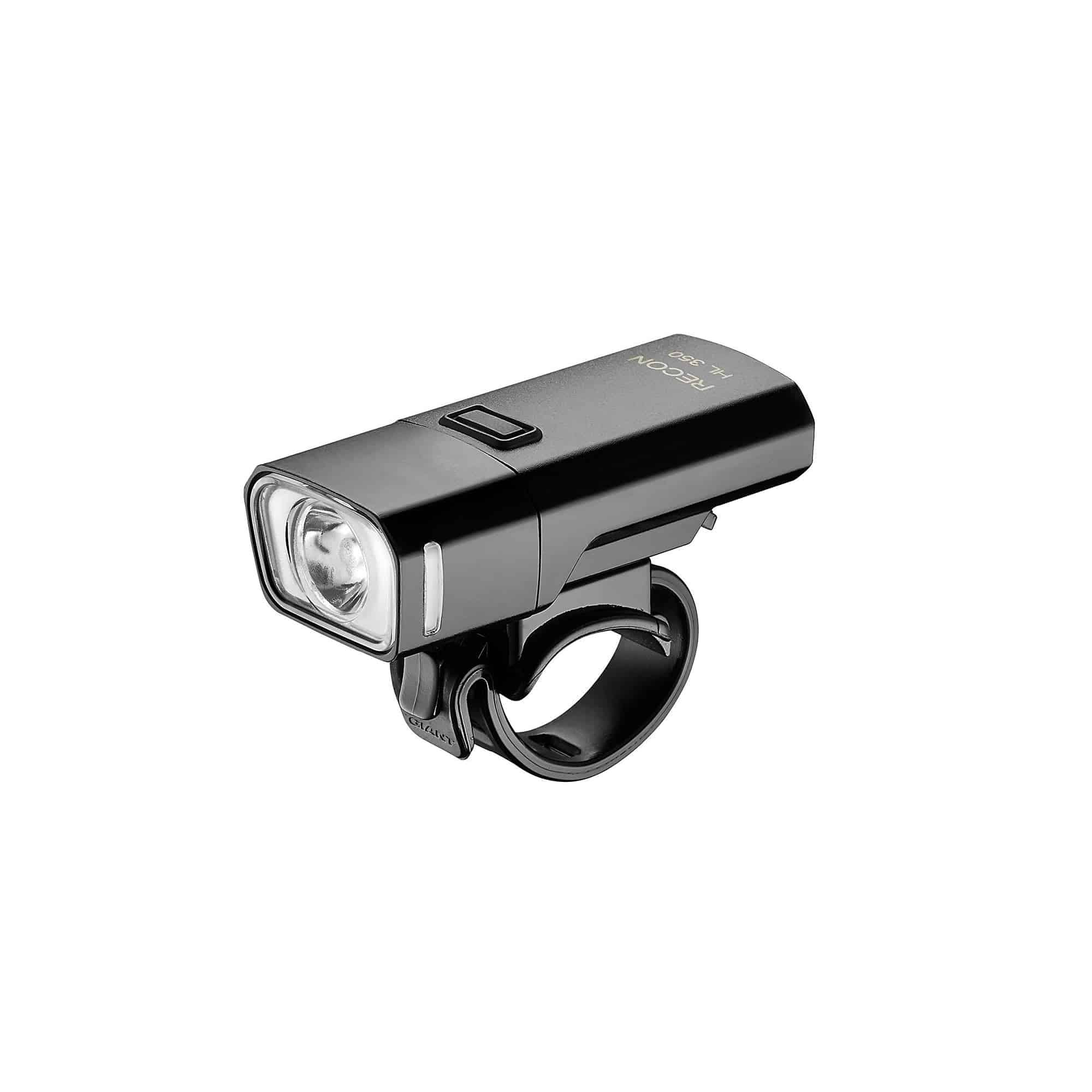 Giant Recon HL350 front bike light with day and night flash modes, waterproof IPX7, mounted on a bicycle handlebar.