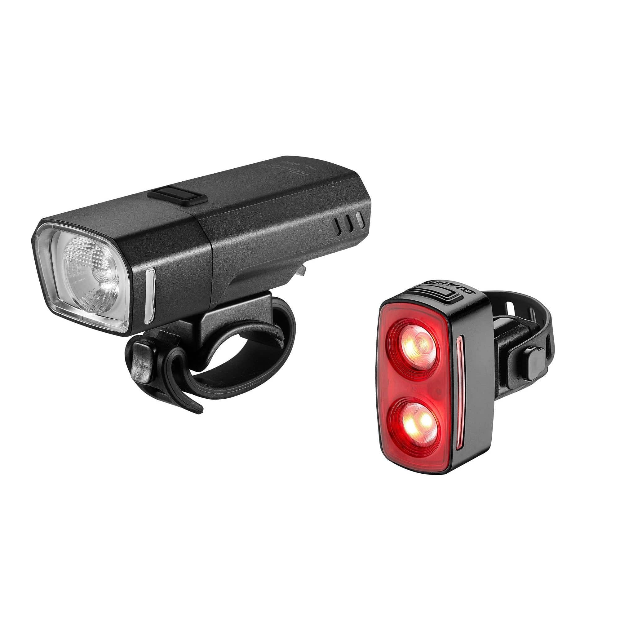 Giant Recon HL600 TL200 front light combo for helmets and GoPro mounts, black accessories for cycling safety and visibility.
