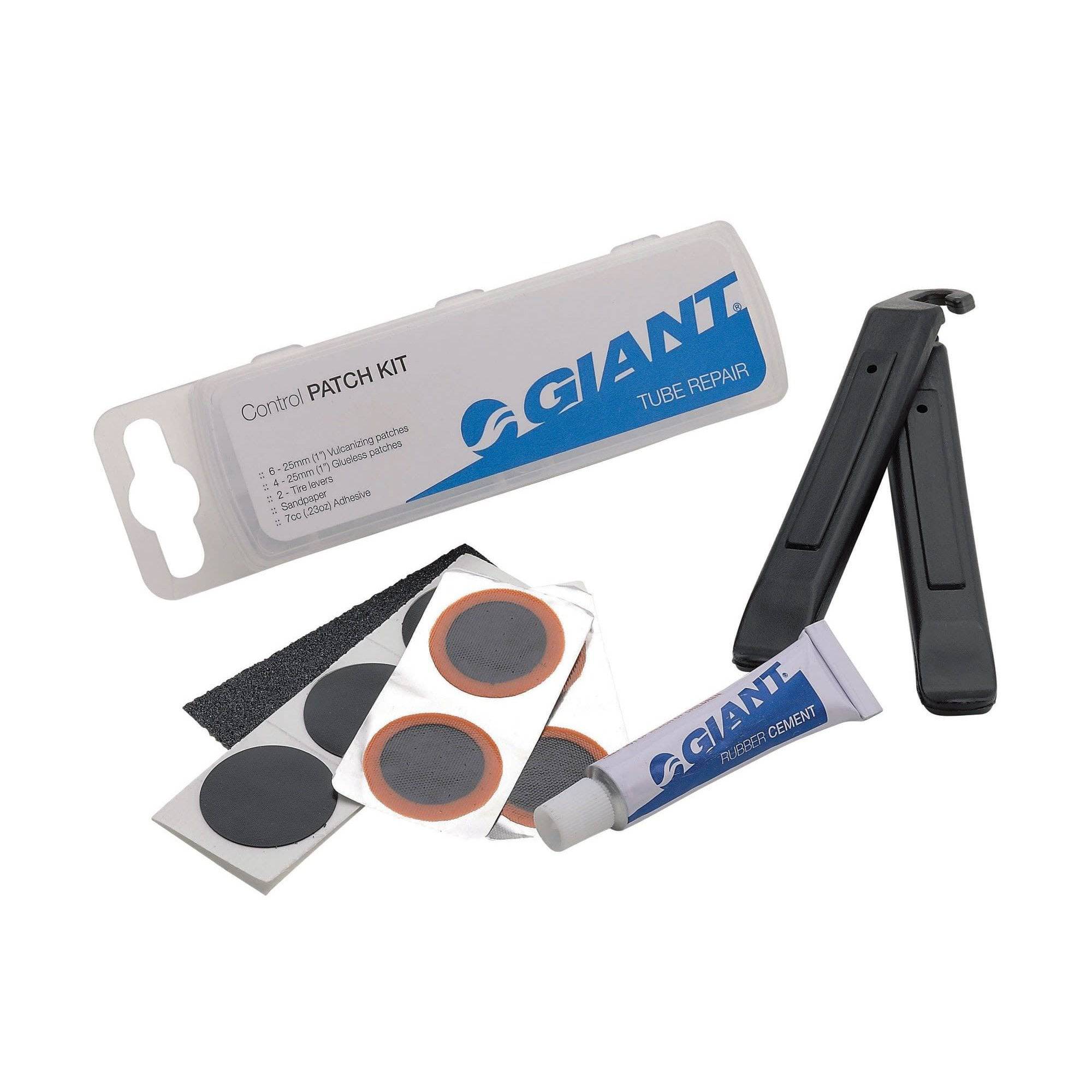 Giant bike repair kit with tyre patches and accessories for quick inner tube repairs on bicycles.