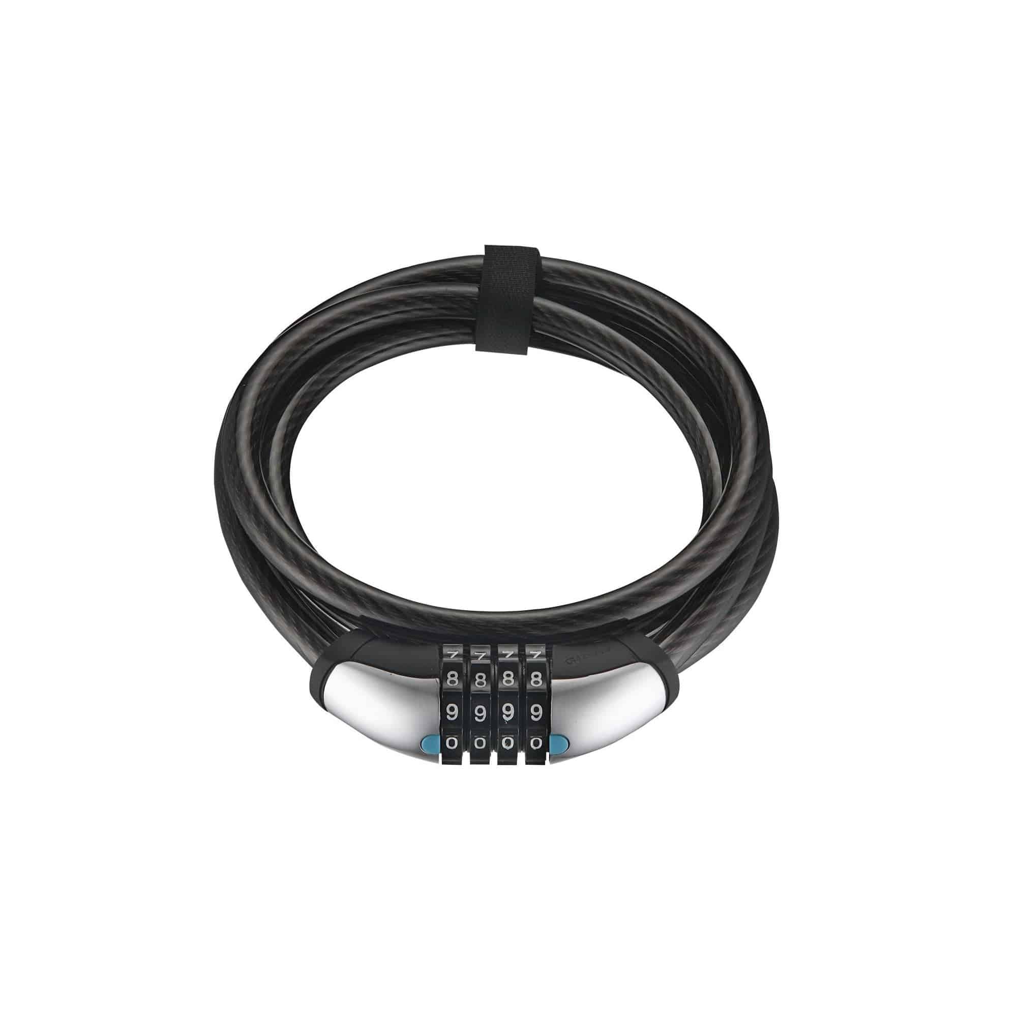 Giant Surelock Flex Combo Coil Cable Lock 12mm with 4-digit resettable combination, shown coiled with locking mechanism visible.