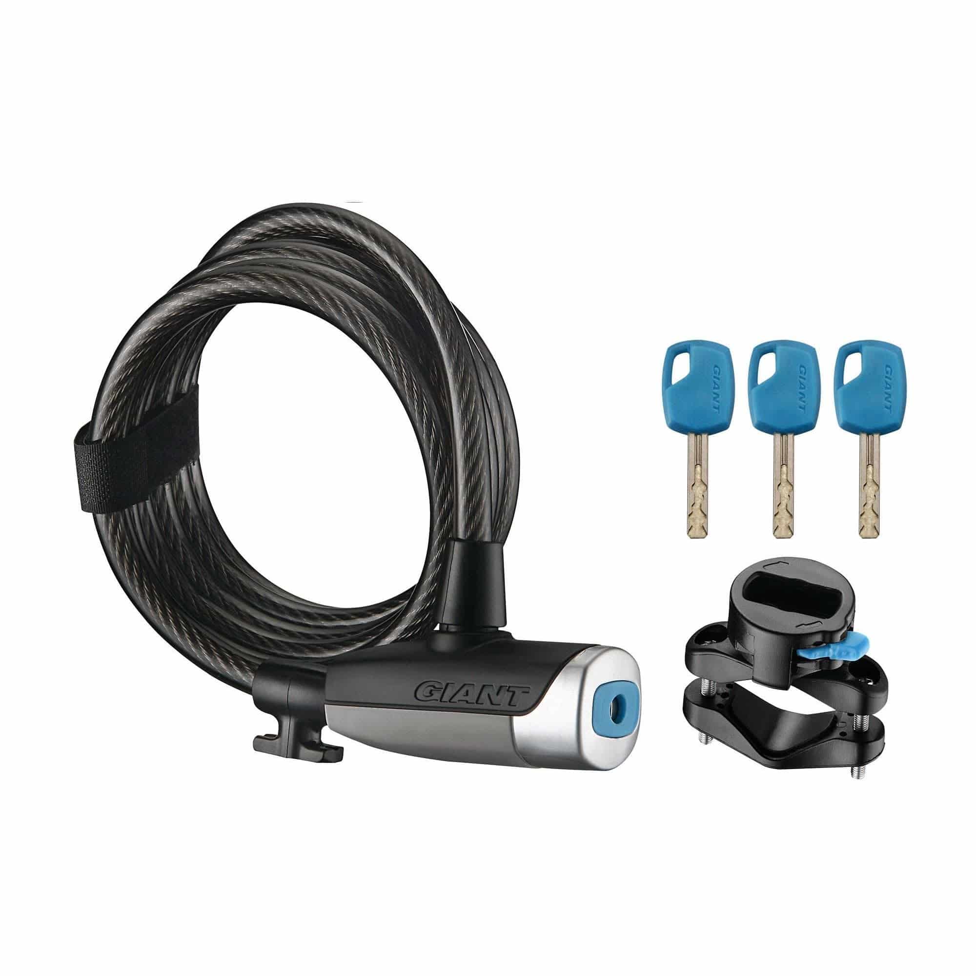Giant Surelock Flex Key Coil 10 Cable Lock with double bolt and quick release bracket, ideal for securing bikes and accessories.