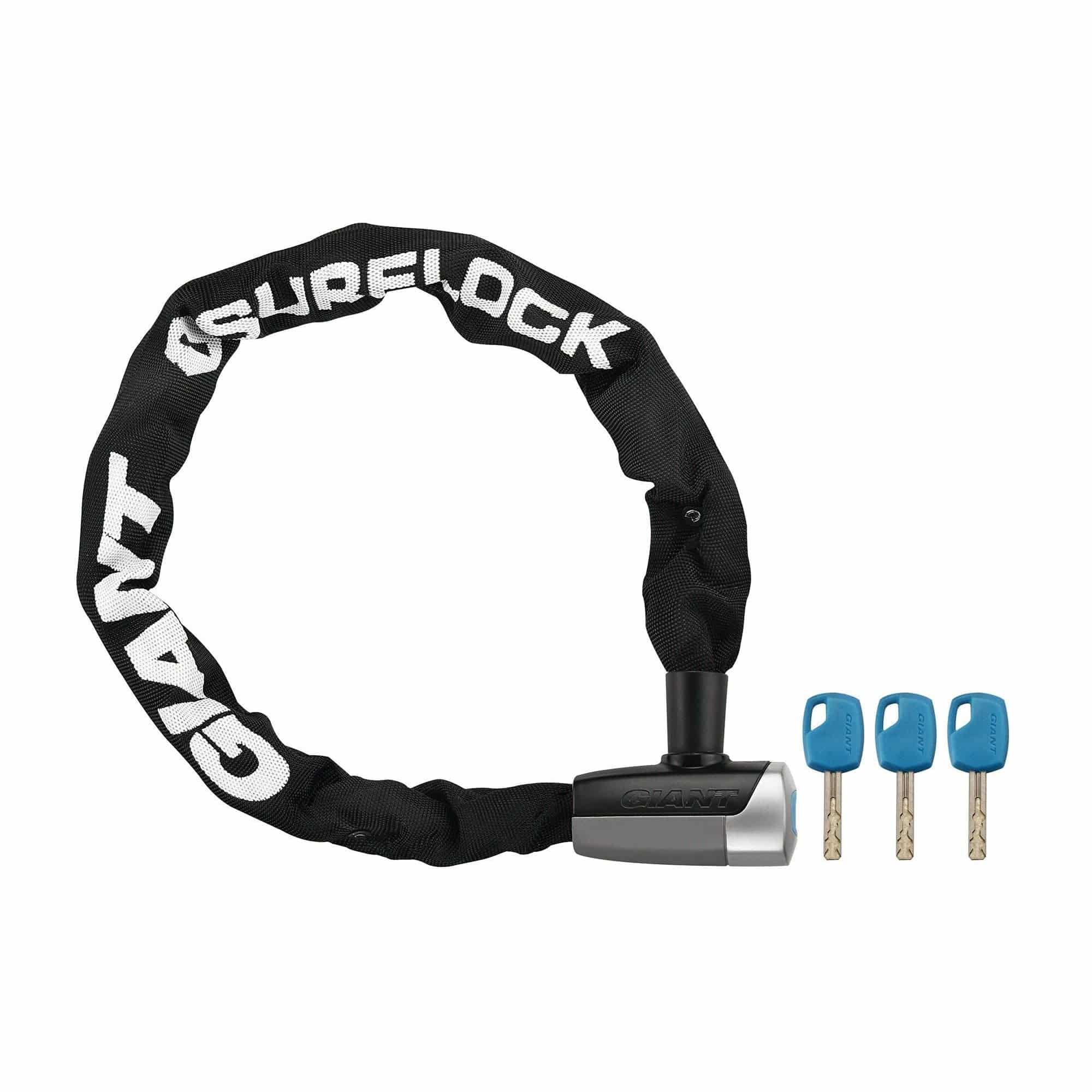 Giant Surelock Force 1 Cable Lock with hardened steel links for bike security, coiled and ready to secure a bicycle.