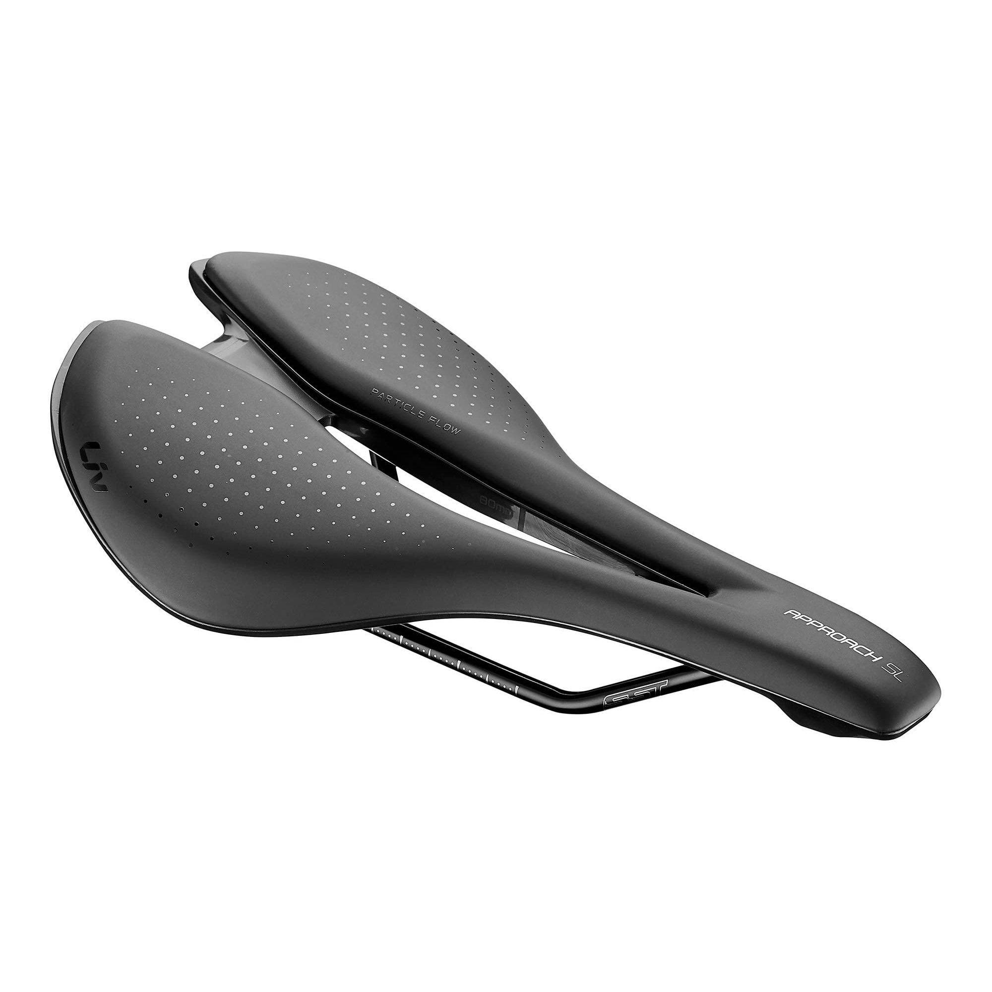 Liv Approach SL saddle, a comfortable unisex bike saddle designed for all-around riding, featuring ergonomic padding and sleek black design.