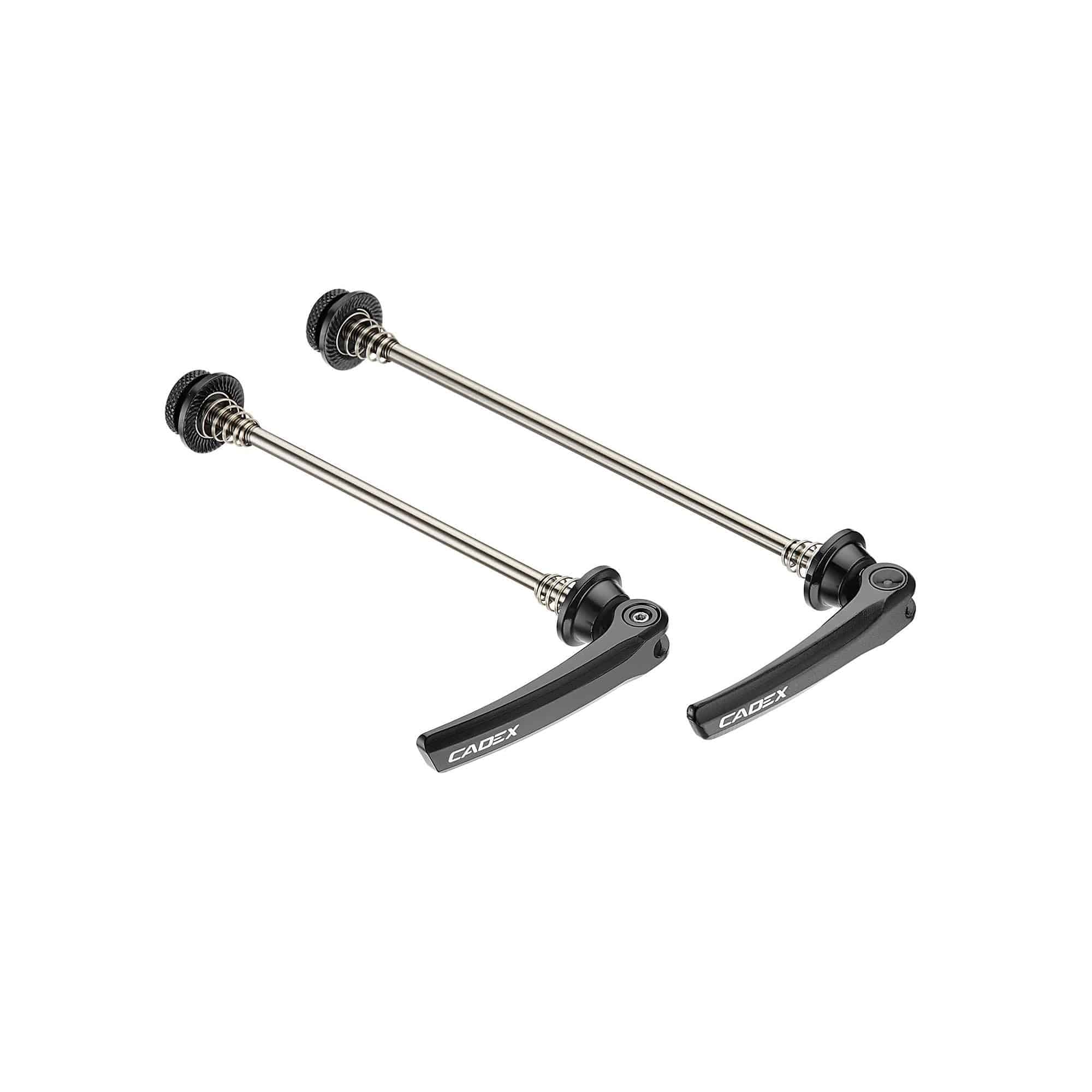 CADEX titanium road skewers for front and rear wheels, designed for CADEX rim brake road bike components.