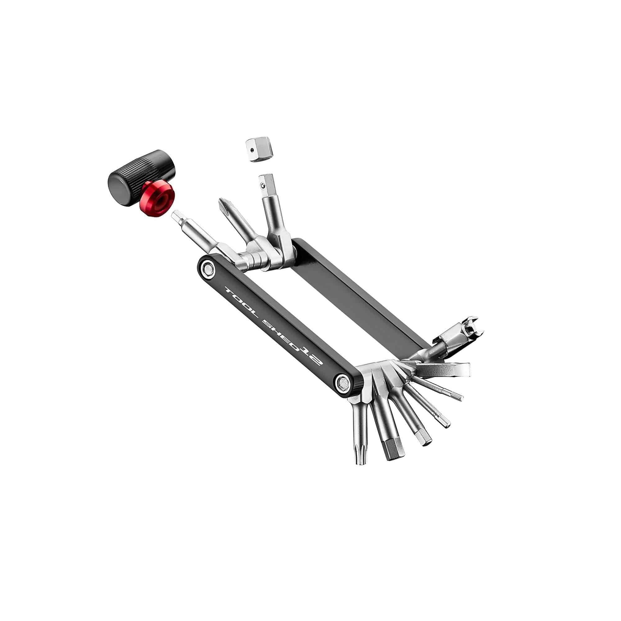 Giant Tool Shed 12 compact bike workshop kit with CO2 inflator and 3mm hex wrench for bike maintenance and repairs.