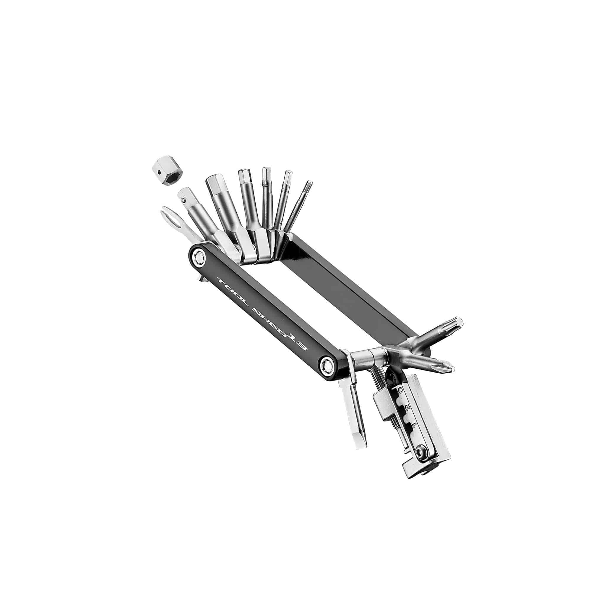 Giant Tool Toolshed 13 bike repair multi-tool with 13 bits and wrenches, suitable for road and trail bike maintenance.