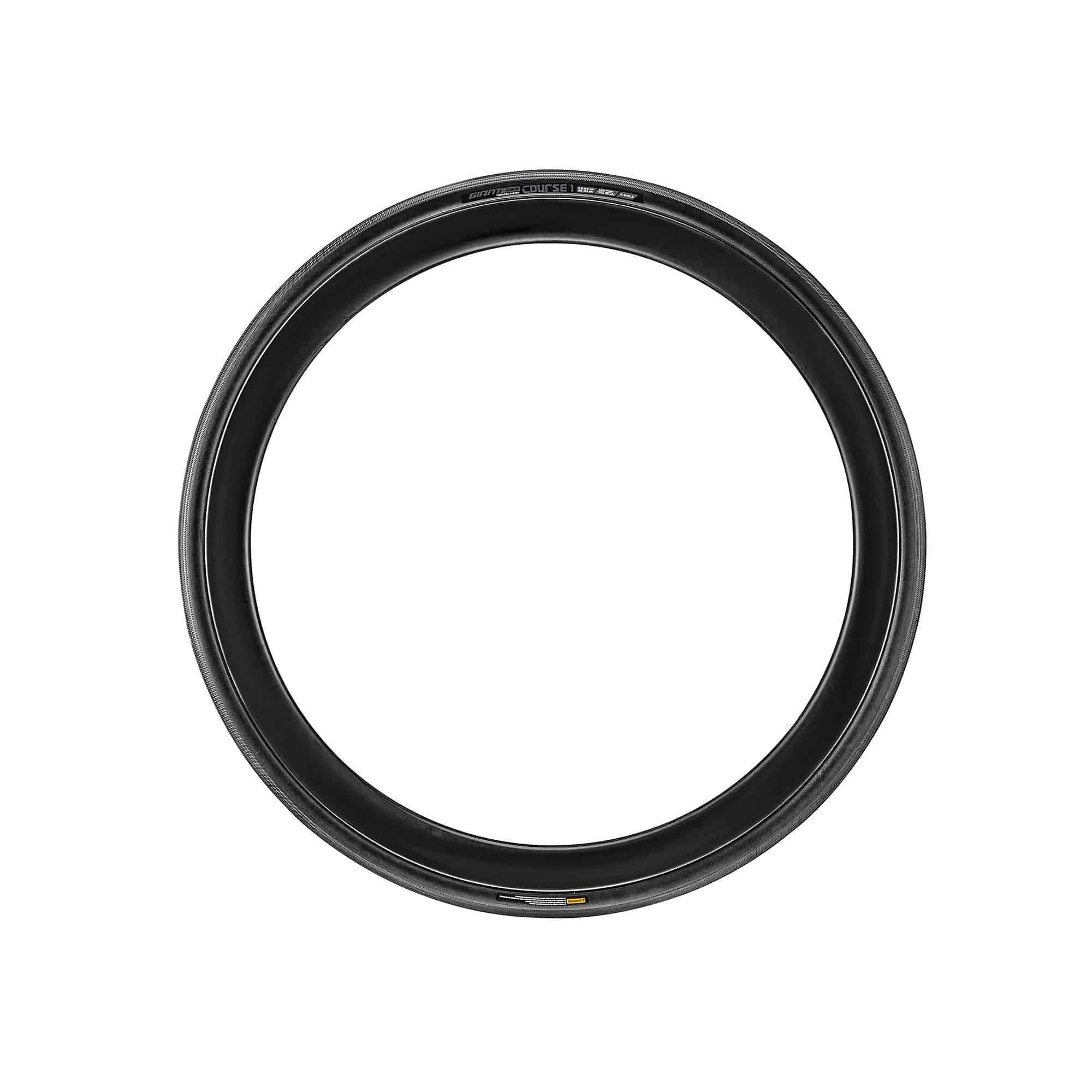 Giant Gavia Course 1 tubeless road tyre with carbon/Kevlar composite bead, shown mounted on a bicycle wheel.