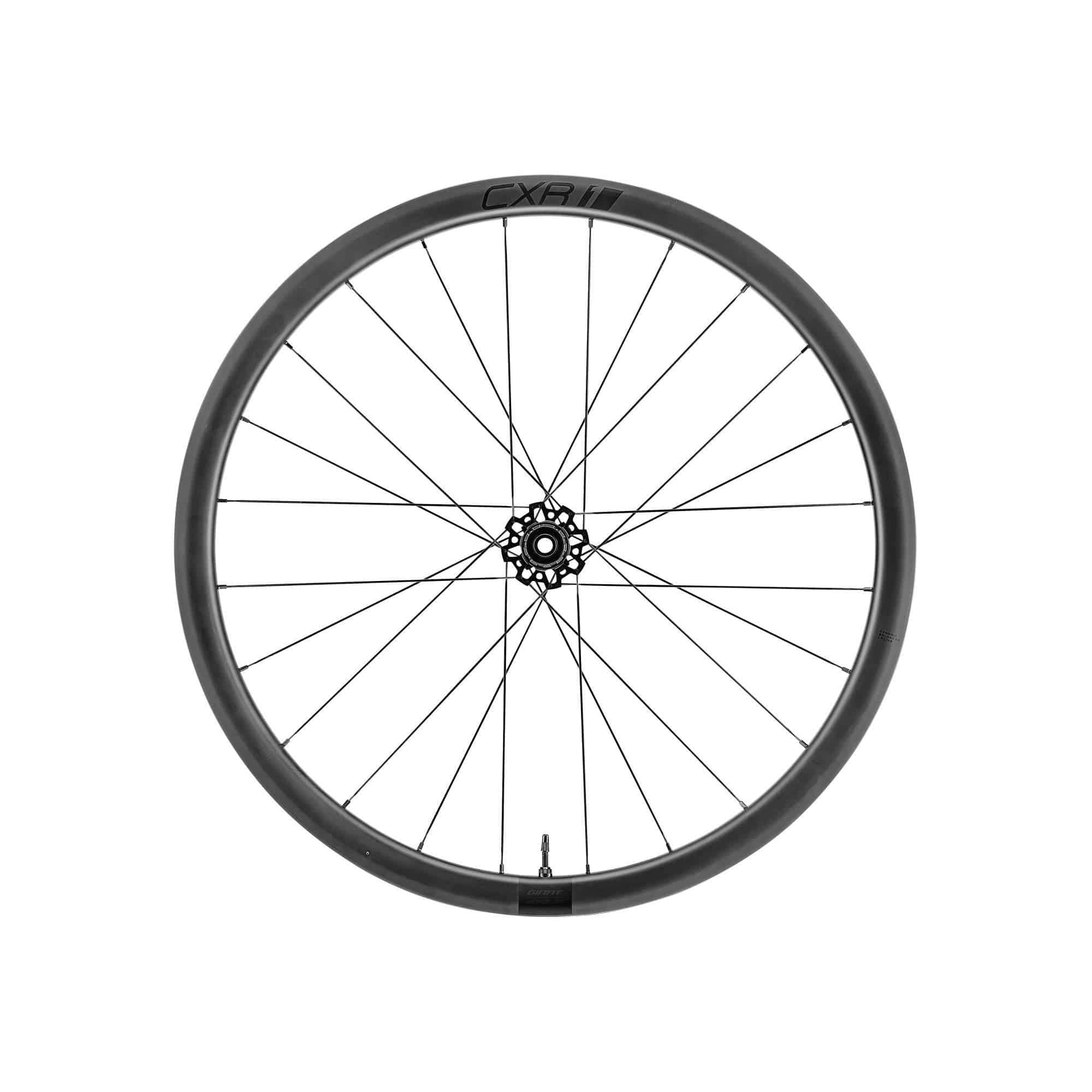 Giant CXR 1 tubeless-ready disc wheel for road, gravel, and mountain bike trails, showcasing aerodynamic design and durable construction.