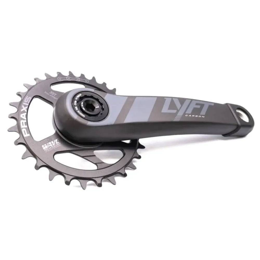 Praxis Works Lyft 175mm MTB crankset with M30 spindle and direct mount ring, showing the black crank arms and mounting details.