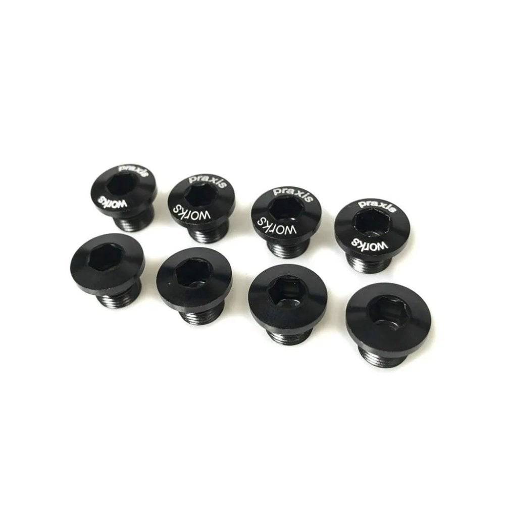 Praxis Works X-Ring bolts spare set with threaded Allen design for X-Spider chainrings, metal components for bike drivetrain.