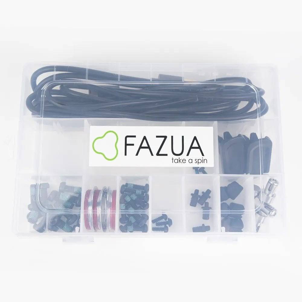 Fazua FAZUA RIDE 50 e-bike transmission maintenance and repair starter kit with components and tools on a white background.