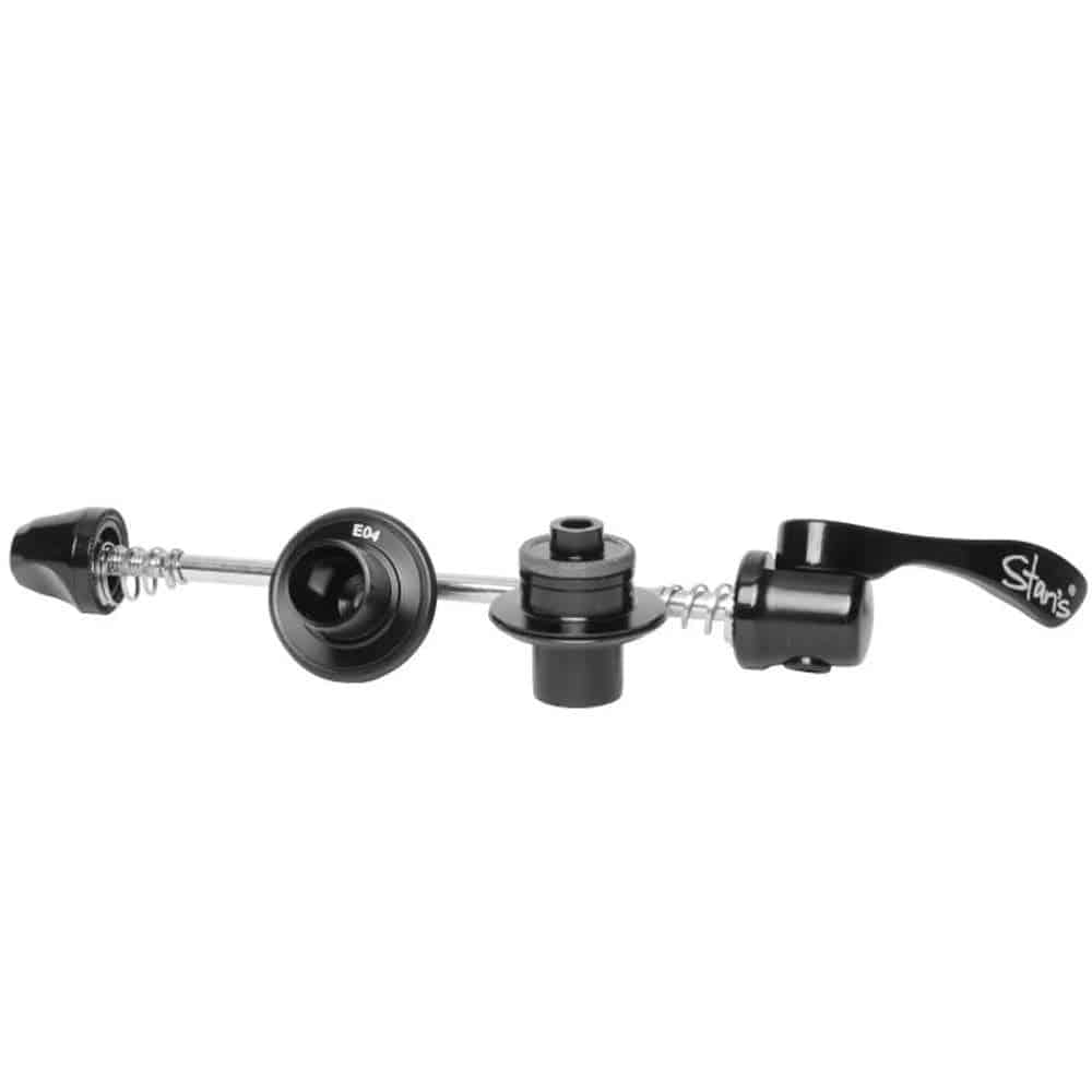 Stan's NoTubes E-Sync Neo end caps and quick release lever kit for front hubs, shown with black components and hardware.
