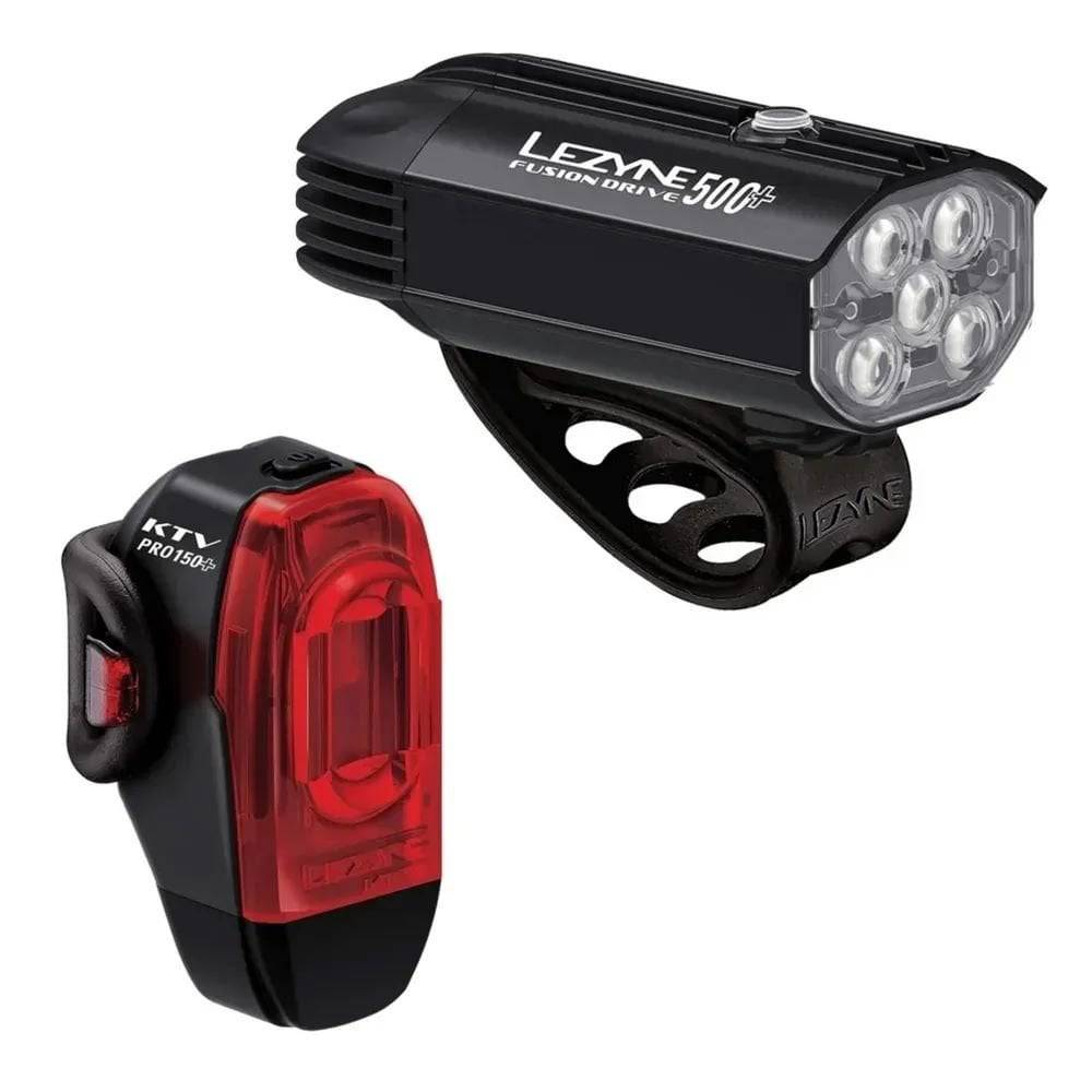 Lezyne Fusion Drive 500+ front bike light and KTV Drive Pro+ rear bike light pair in black, with adjustable straps and LED bulbs.