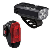 Lezyne Fusion Drive 500+ front bike light and KTV Drive Pro+ rear bike light pair in black, with adjustable straps and LED bulbs.