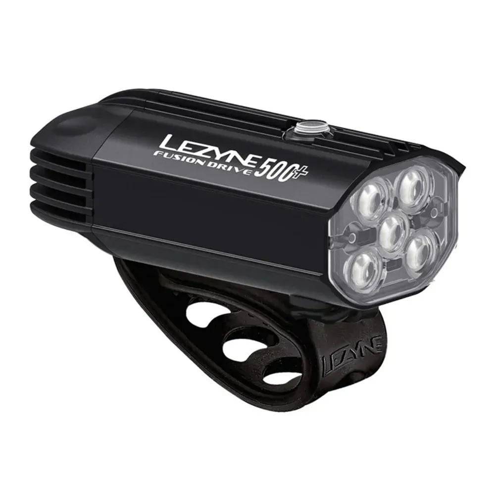 Lezyne Fusion Drive 500+ front bike light in satin black showing 500 lumens and rechargeable design.