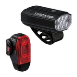Lezyne Lite Drive 1200+ front and KTV Drive Pro+ rear bike lights set in black, showing compact, durable cycling accessories.