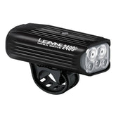 Lezyne Mega Drive 2400+ front bike light with black body, 2400 lumens, USB-C charging port, designed for cycling safety.