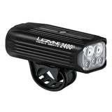 Lezyne Mega Drive 2400+ front bike light with black body, 2400 lumens, USB-C charging port, designed for cycling safety.