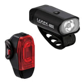 Lezyne Mini Drive 400XL front bike light and KTV Drive+ rear bike light in black, compact cycling accessories set.