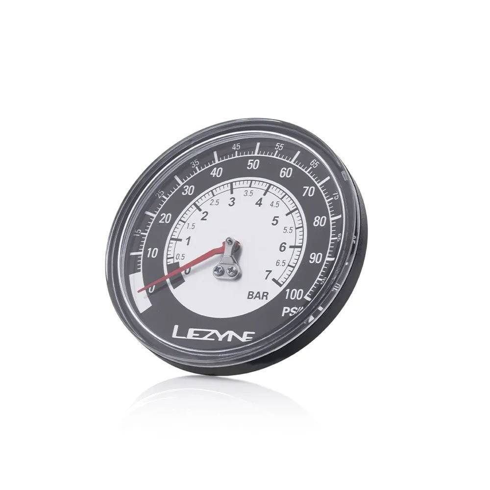 Lezyne 100 PSI 3.5-inch pressure gauge for sport gravel floor drive pumps, showing dial and measurement details.