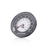 Lezyne 100 PSI 3.5-inch pressure gauge for sport gravel floor drive pumps, showing dial and measurement details.