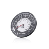 Lezyne 100 PSI 3.5-inch pressure gauge for sport gravel floor drive pumps, showing dial and measurement details.