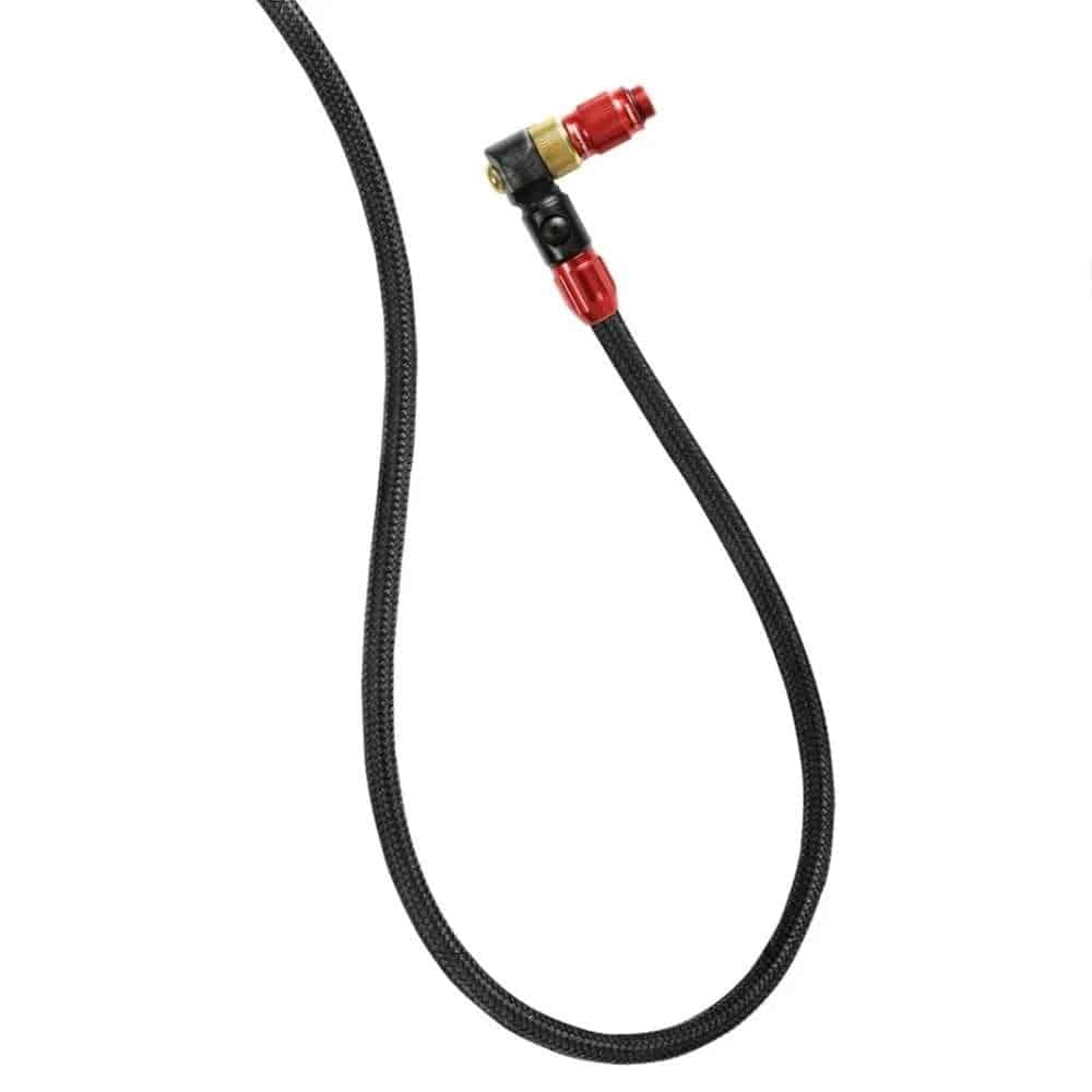 Lezyne ABS1-Pro braided floor pump hose with multiple valve compatibility for bicycle inflation accessories.