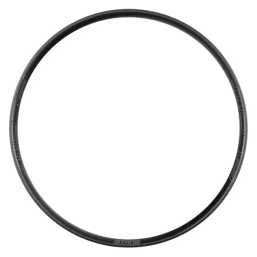 Stan's NoTubes Flow MK4 27.5-inch mountain bike rim, black asymmetric tubeless-ready 32H component for MTB riding.