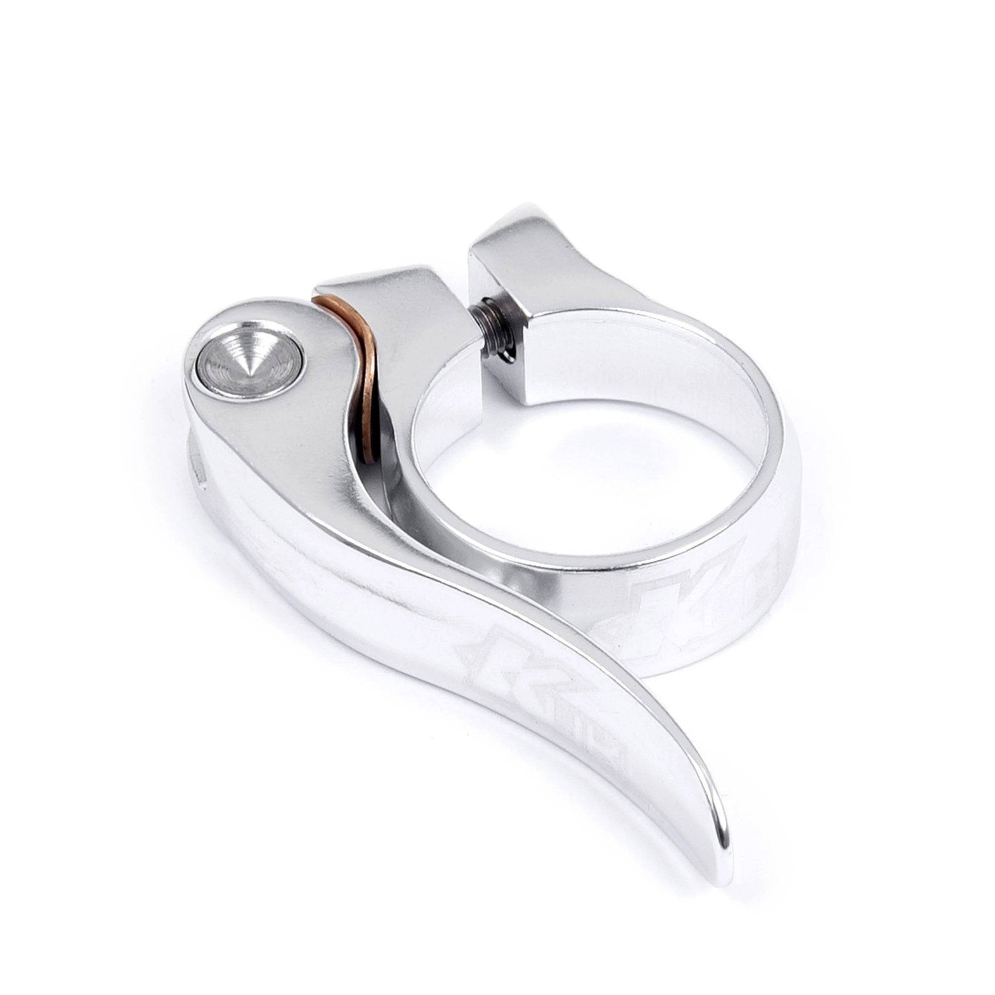 Silver KUK quick release seat clamp for 31.8mm seatposts, durable bike component from Upgrade for secure bike seat attachment.