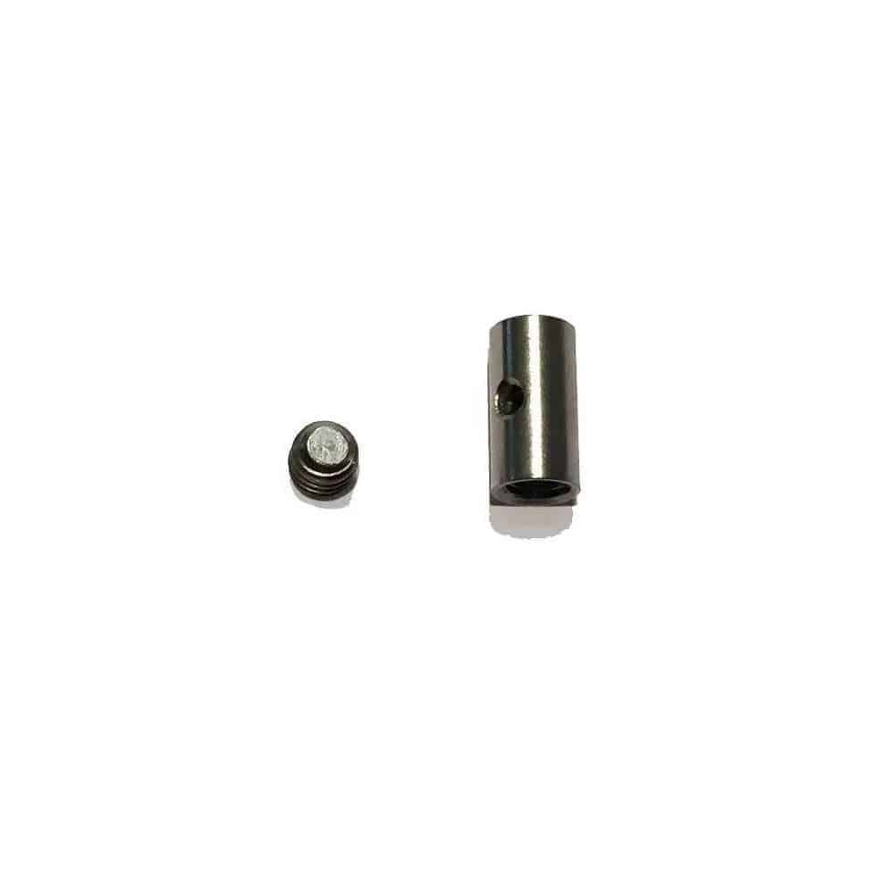 Kinesis UK XF Manic cable tensioning and locking barrel with grub screw for bike components, shown in close-up.