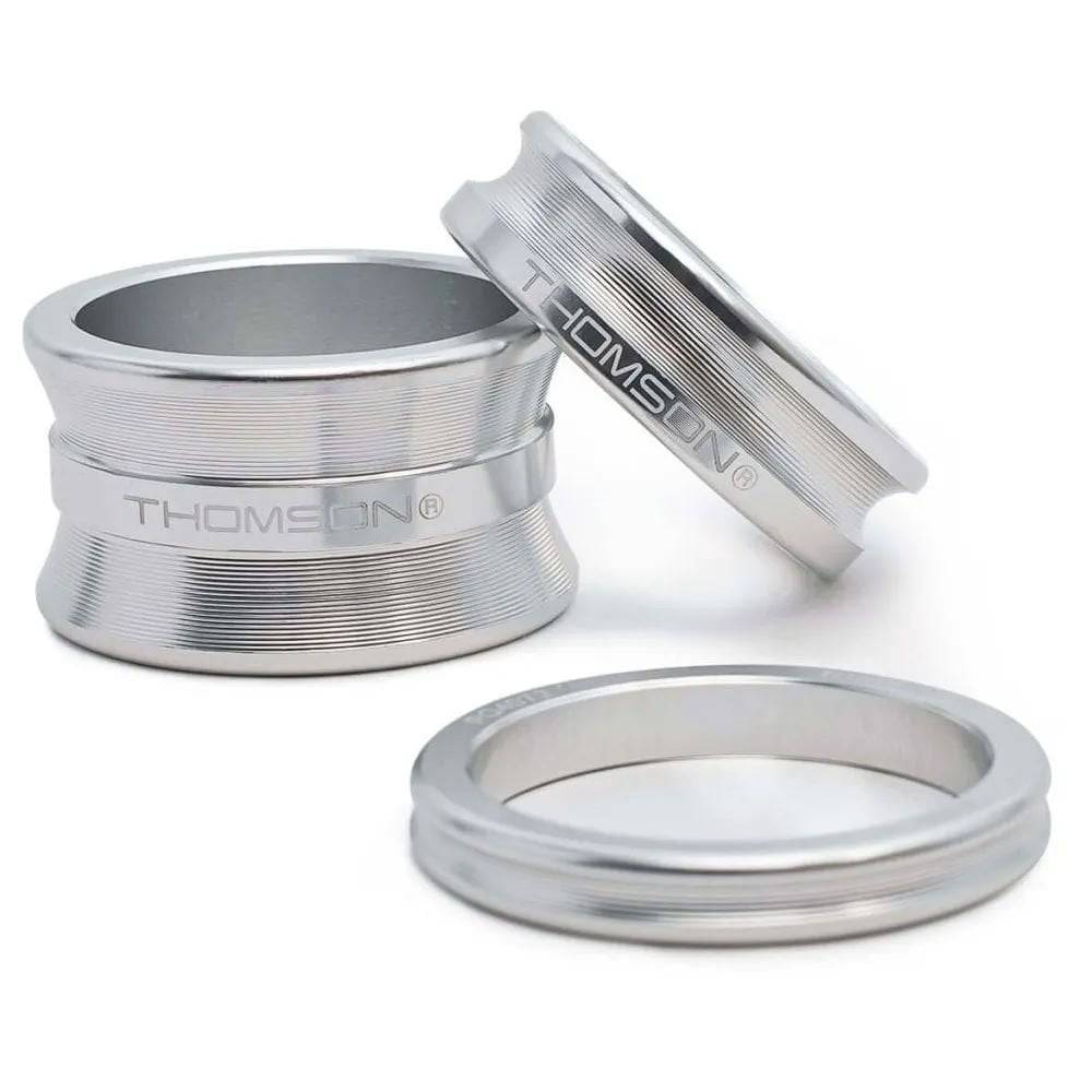Thomson Silver Spacer Kit with 20mm, 10mm, and 5mm spacers for bike stem fit adjustment, featuring silver components.
