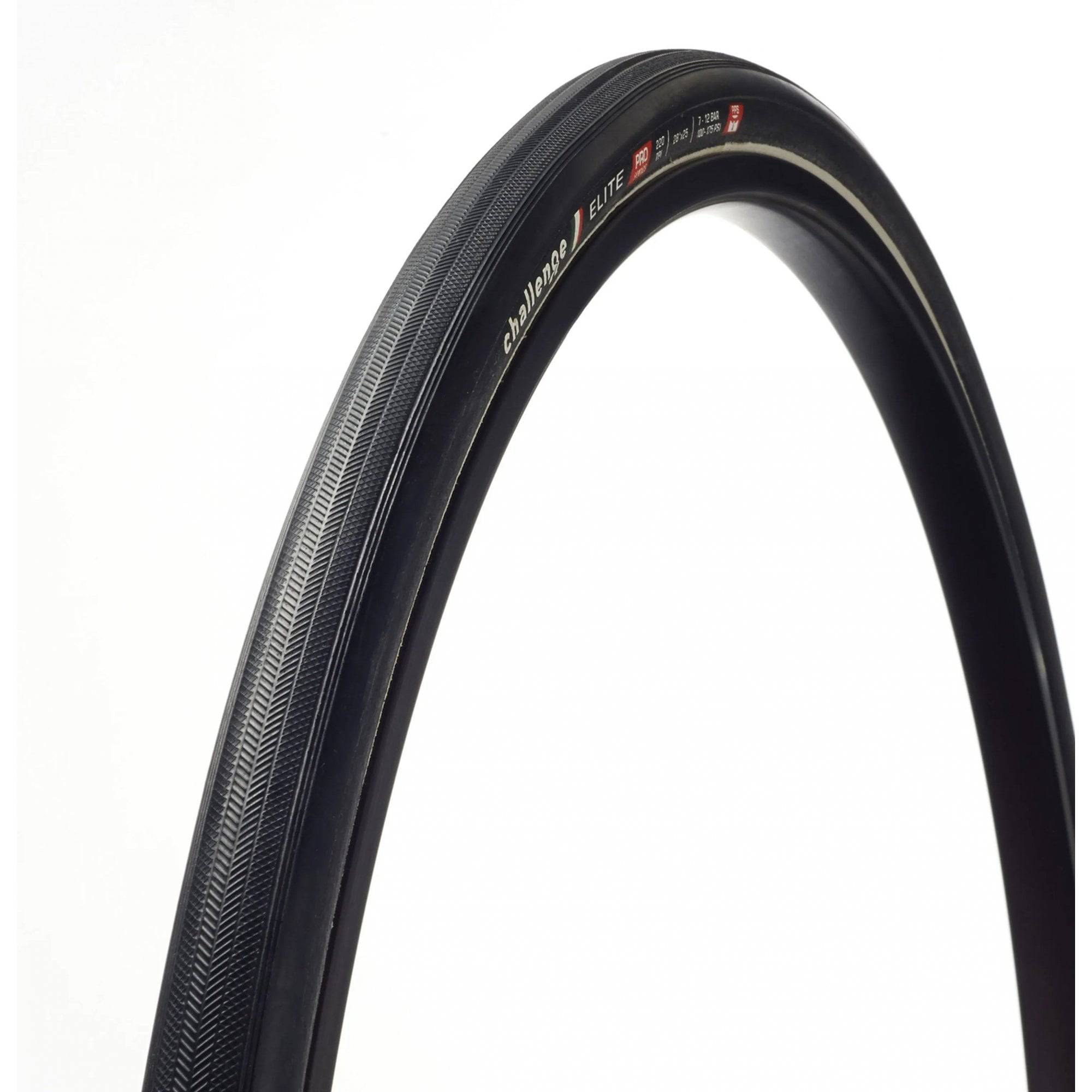 Challenge ELITE-PRO-H-TU black 28-inch x 25mm road training tubular tyre mounted on a wheel for cycling training and racing.