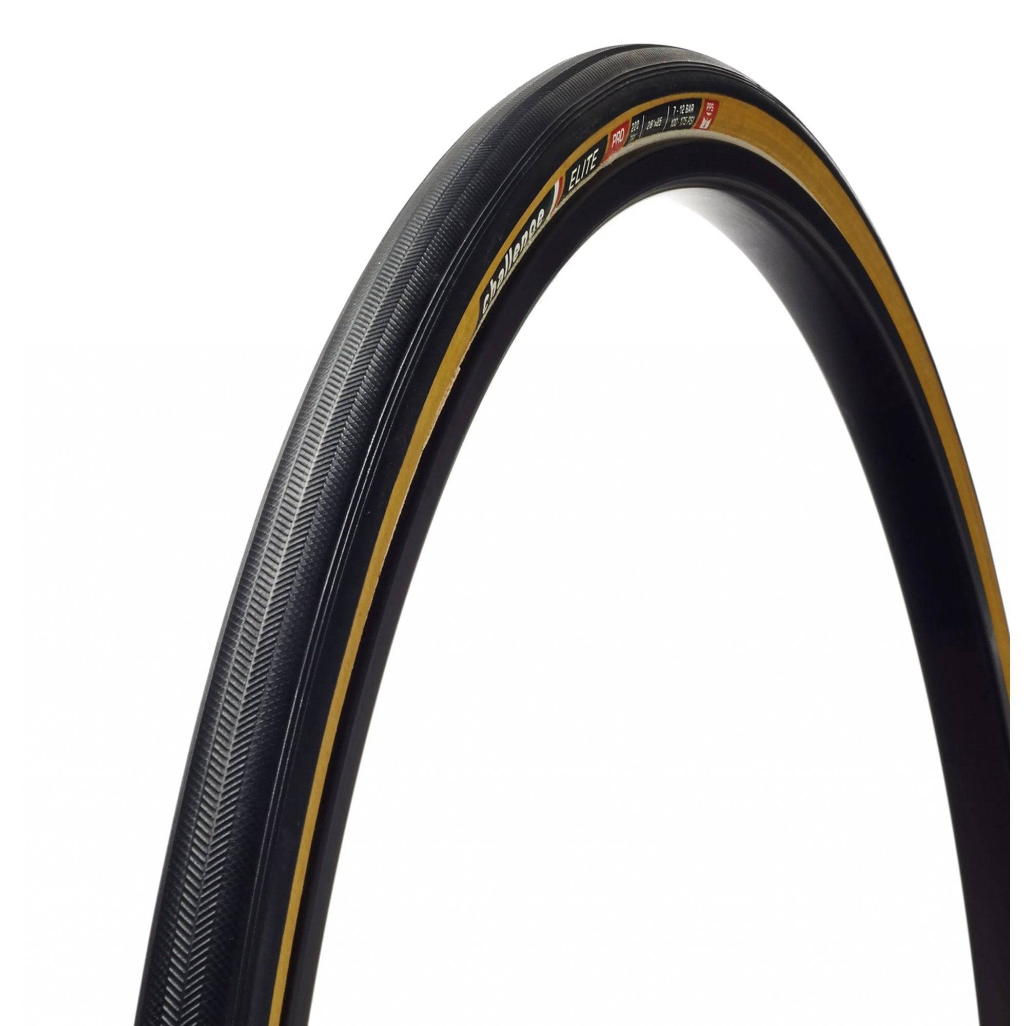 Challenge ELITE-PRO-H-TU tubular road tyre 28x25mm with 220 TPI and PPS protection, showing the textured rubber surface and sidewall.