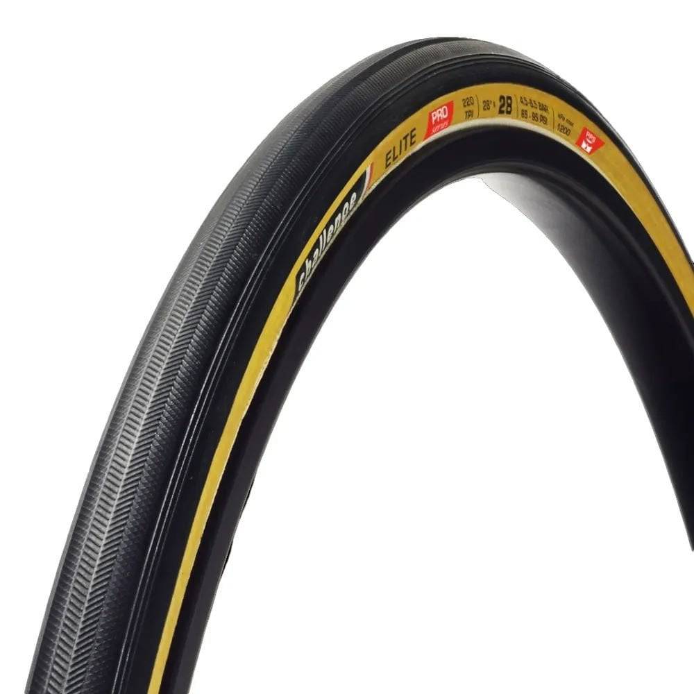 Challenge ELITE-PRO-H-TU 220 TPI tubular road training tire in 700x23/25mm with tan sidewalls, showing tread pattern and side view.