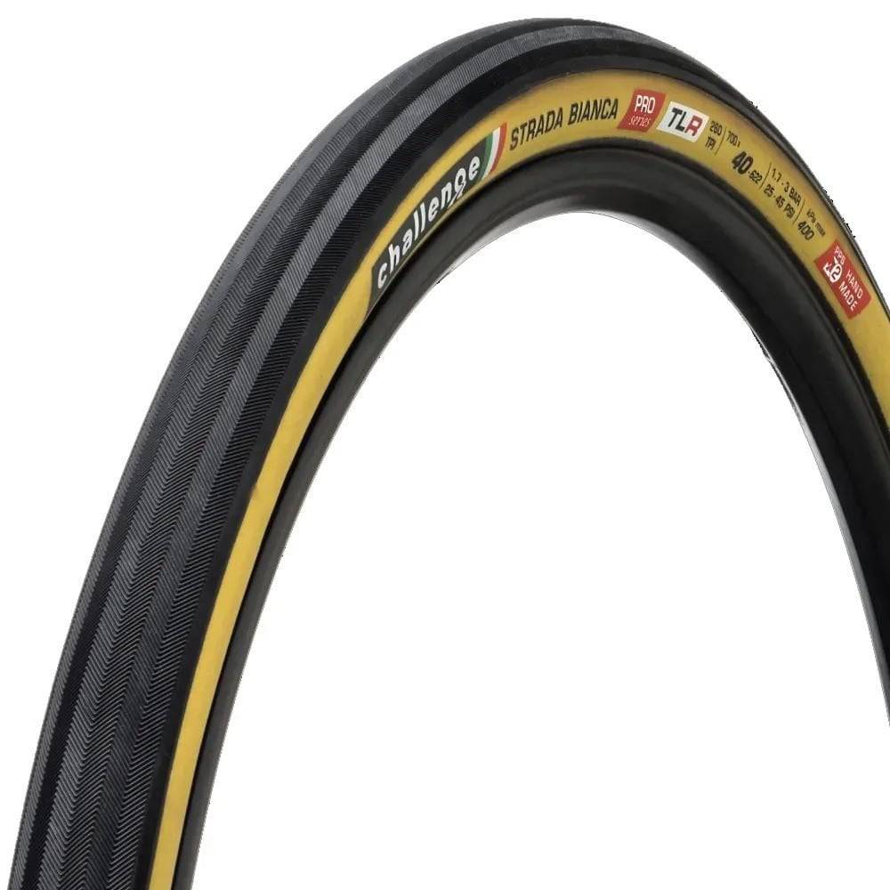 Challenge STRADA BIANCA-PRO-H-TLR 700x40 gravel bike tyre with tan sidewall, tubeless-ready, mounted on a bicycle wheel.