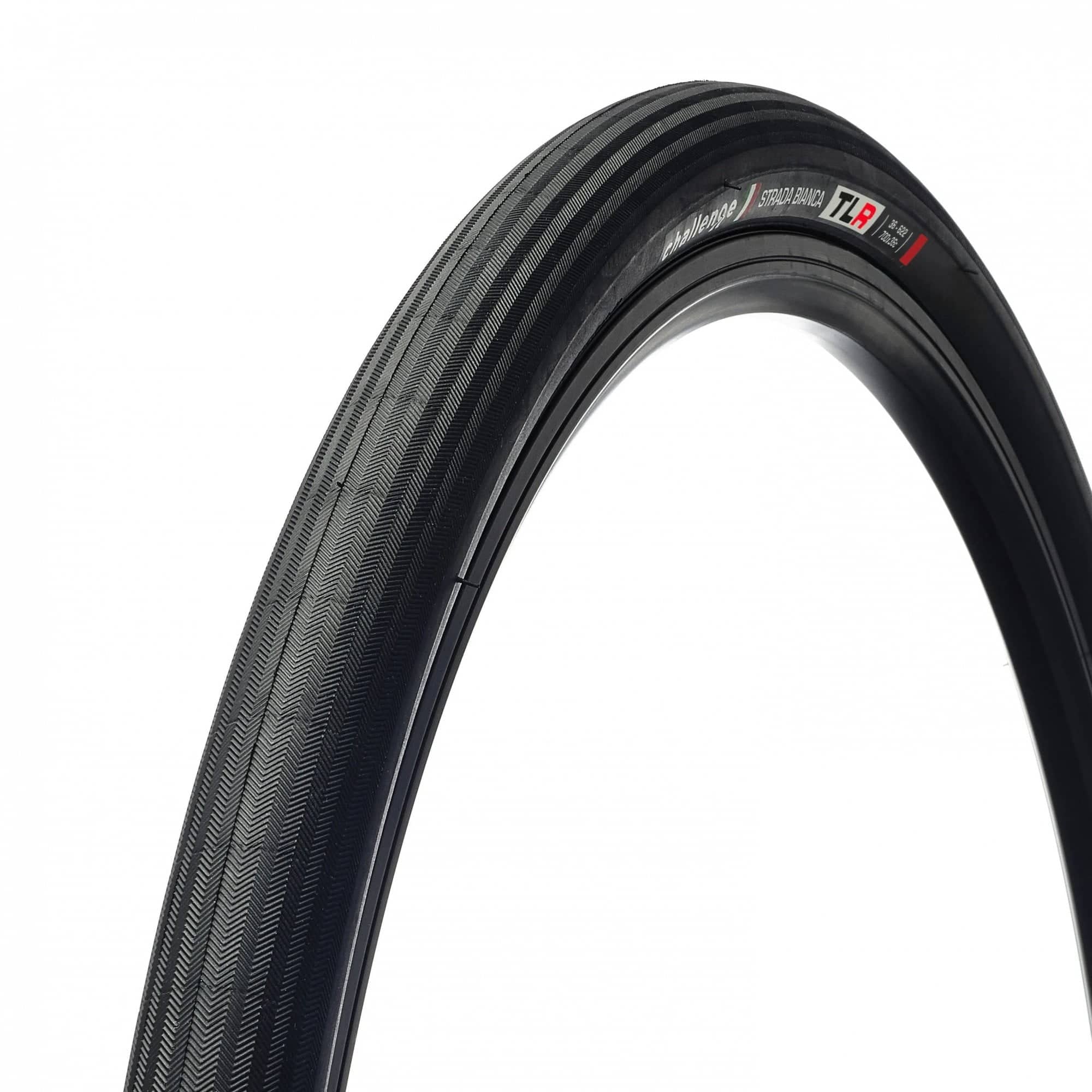 Challenge STRADA BIANCA-RACE-V TLR gravel tire 700x36 black with 120tpi tubeless-ready design, shown mounted on a bike wheel.