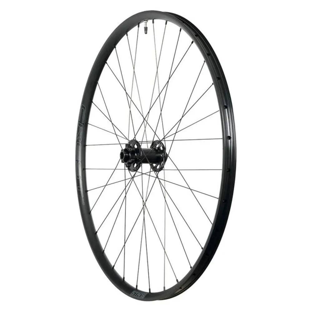 Stan's No Tubes Crest MK4 29-inch front wheel, tubeless-ready gravel XC component with 15x110mm boost spacing.
