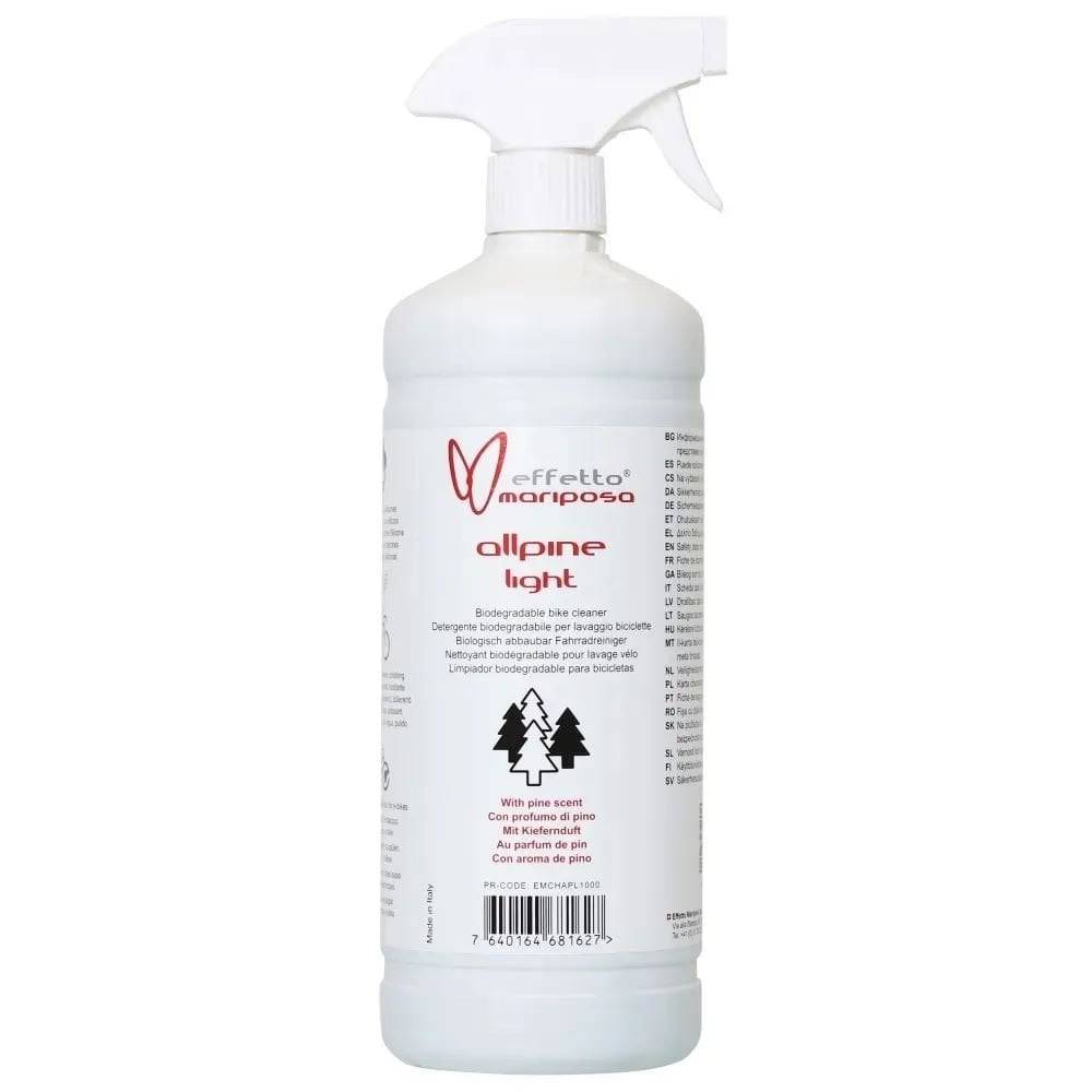 Effetto Mariposa Allpine Light Eco biodegradable bike cleaner in a workshop setting, with pine scent and spray bottle visible.