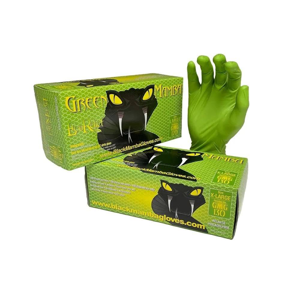 Black Mamba Green Mamba biodegradable nitrile gloves with grip finish and touchscreen compatibility, shown with hand wearing gloves.