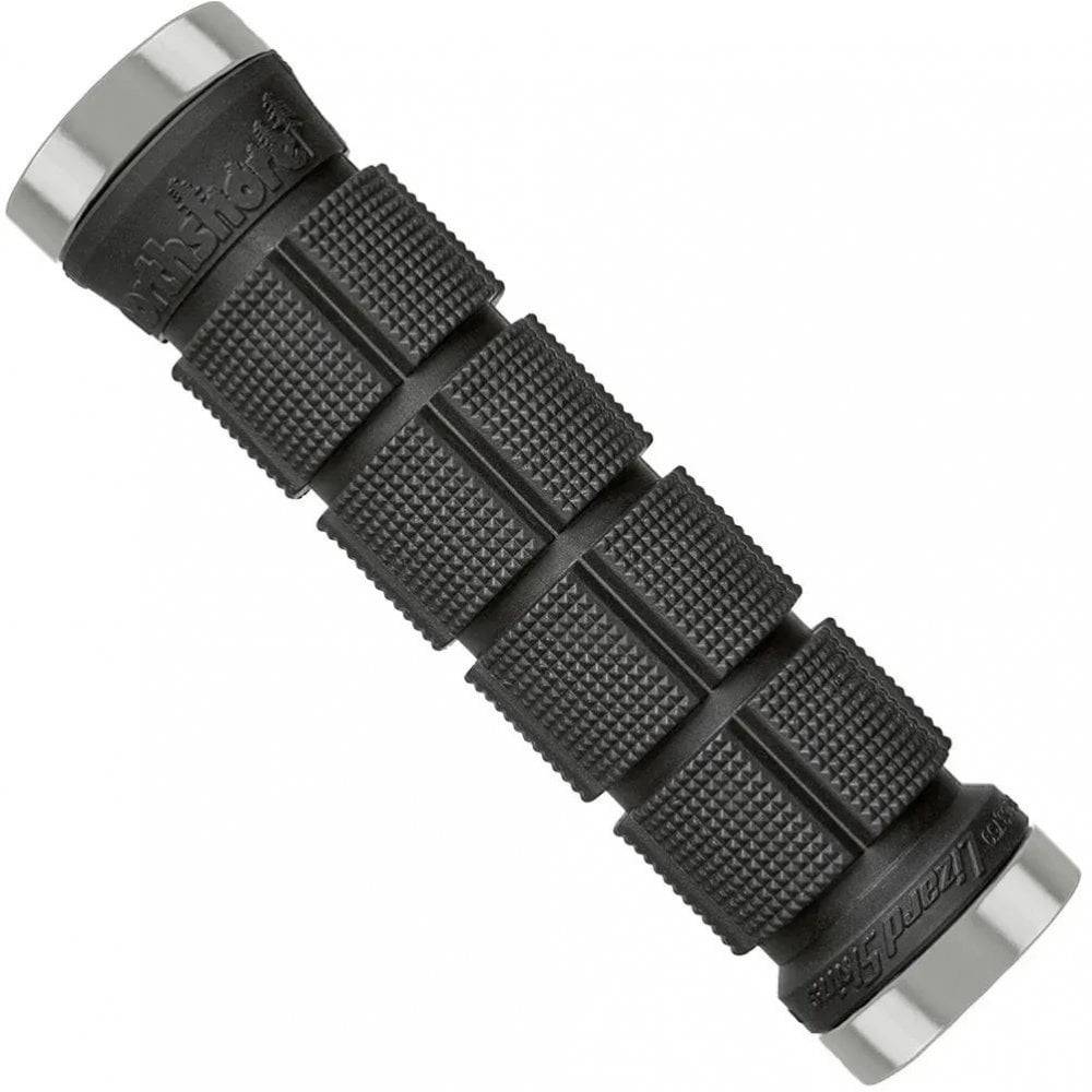 Lizard Skins Northshore dual-clamp lock-on grips for MTB and BMX bikes, black rubber handles with metal clamps, close-up view.