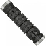 Lizard Skins Northshore dual-clamp lock-on grips for MTB and BMX bikes, black rubber handles with metal clamps, close-up view.