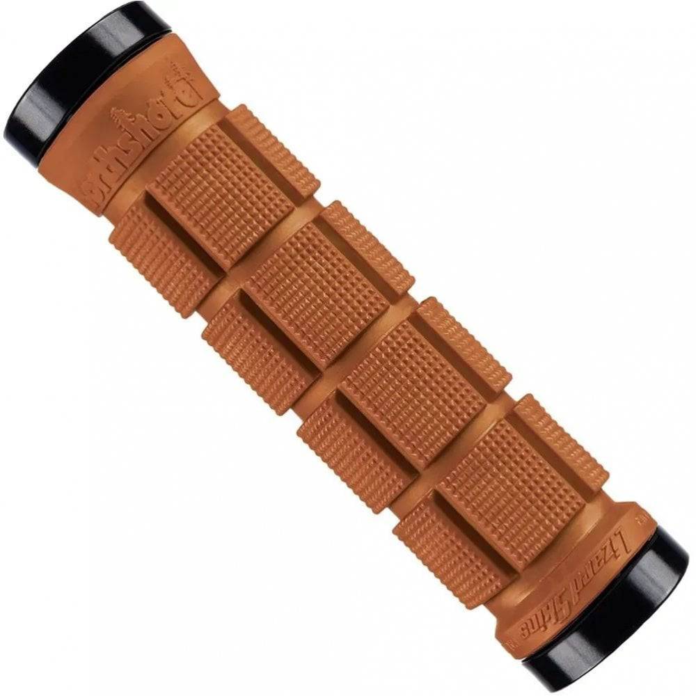 Lizard Skins Northshore dual-clamp lock-on grips for MTB and BMX bikes, black rubber handlebar grips with metal clamps.