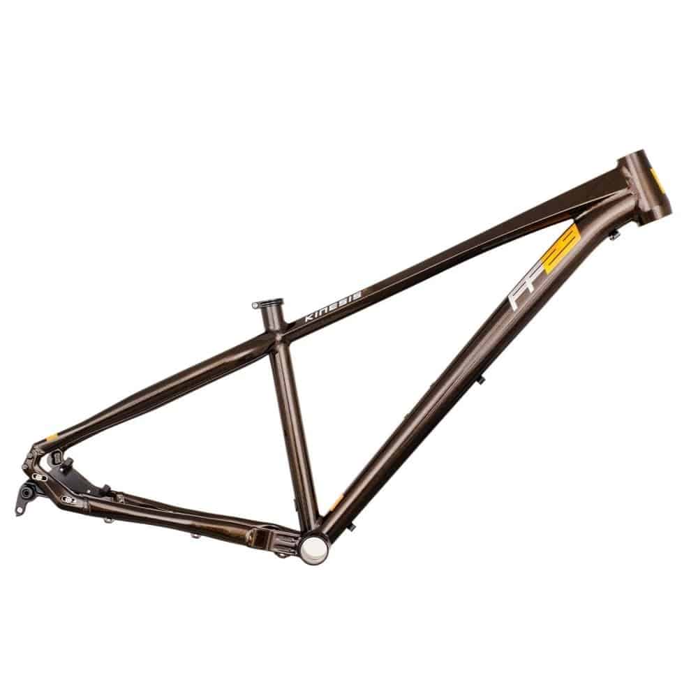Kinesis UK FF29 MTB hardtail frame with adjustable dropouts for trail riding, showcasing the lightweight carbon construction and rear dropout details.