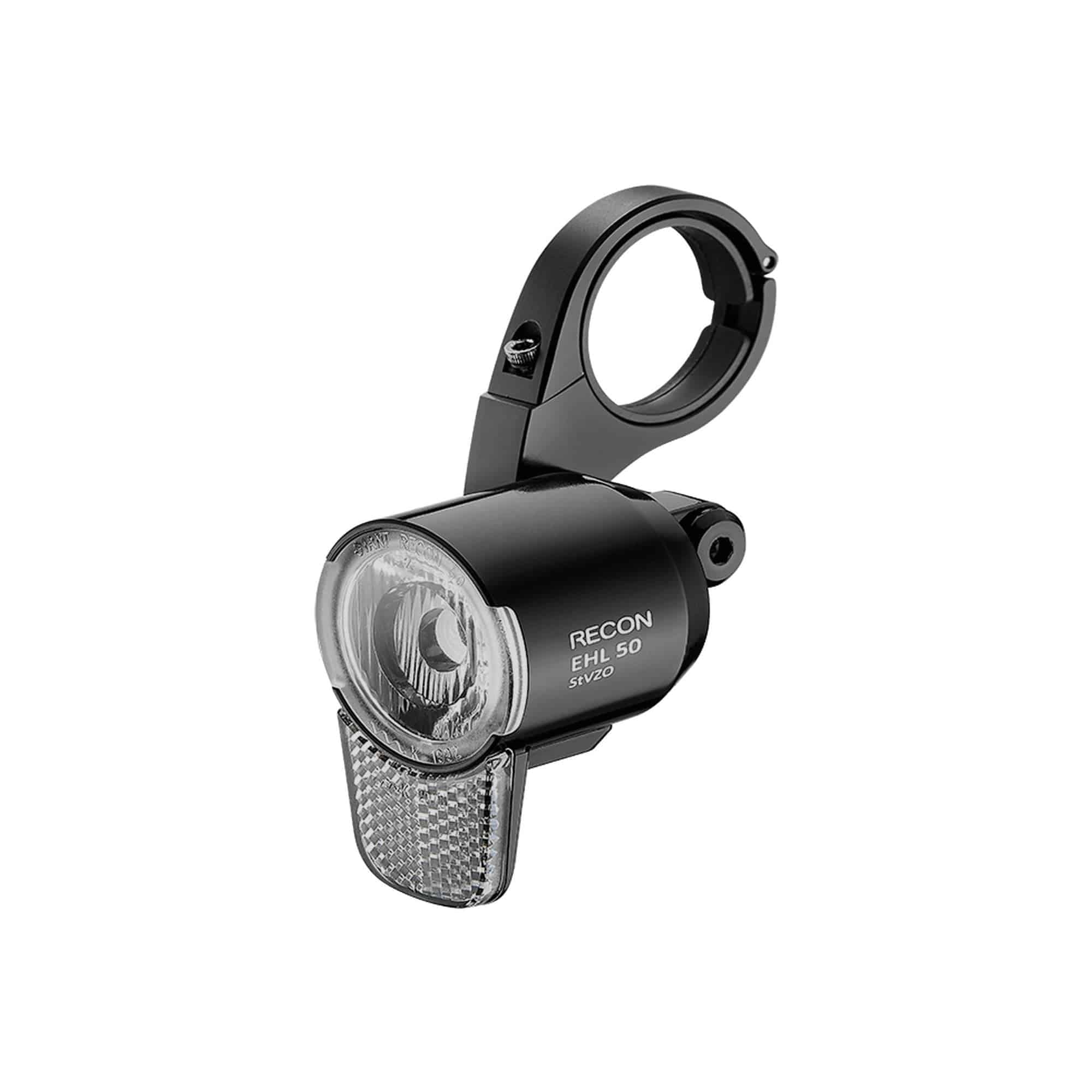 Momentum Recon E 50 STVZO front bicycle safety light mounted on bike handlebars, showcasing its compact design and bright illumination.